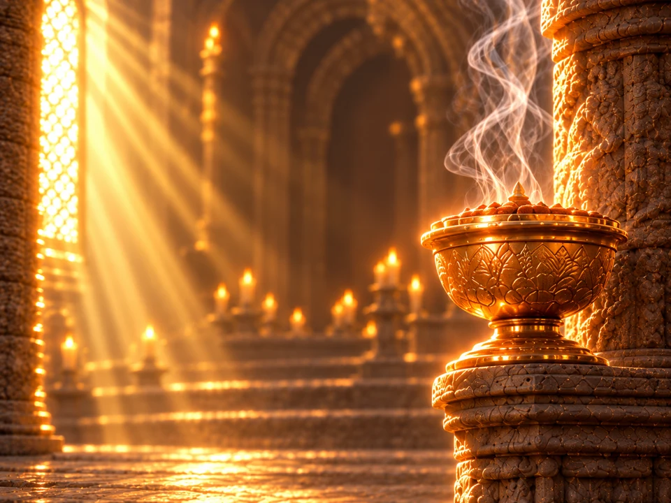 Golden incense bowl in warm temple light