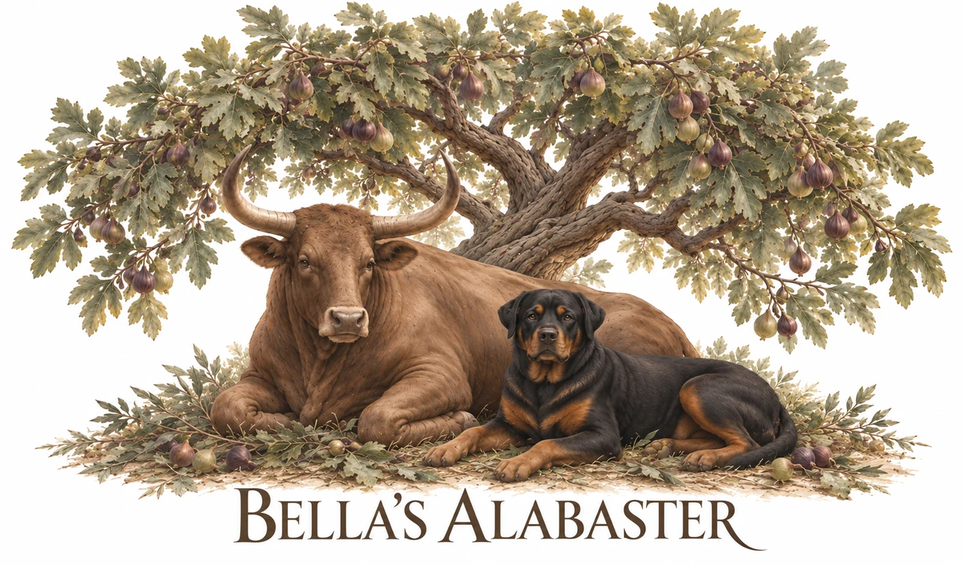 Bella’s Alabaster — an ox and a Rottweiler beneath a fig tree