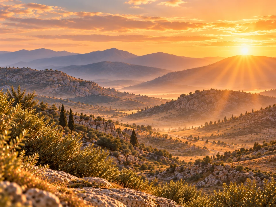 Mountain ridges and rays of morning sunlight